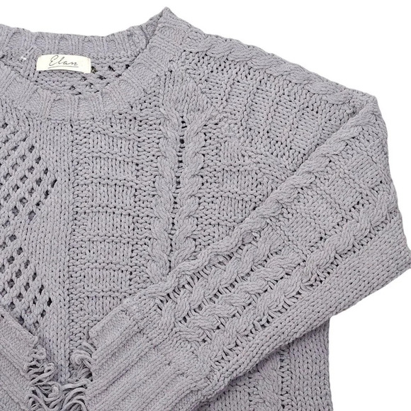 Elan Grey Cable‎ Chunky Knit Fringe Detail Front Sweater Size Medium - Picture 3 of 11